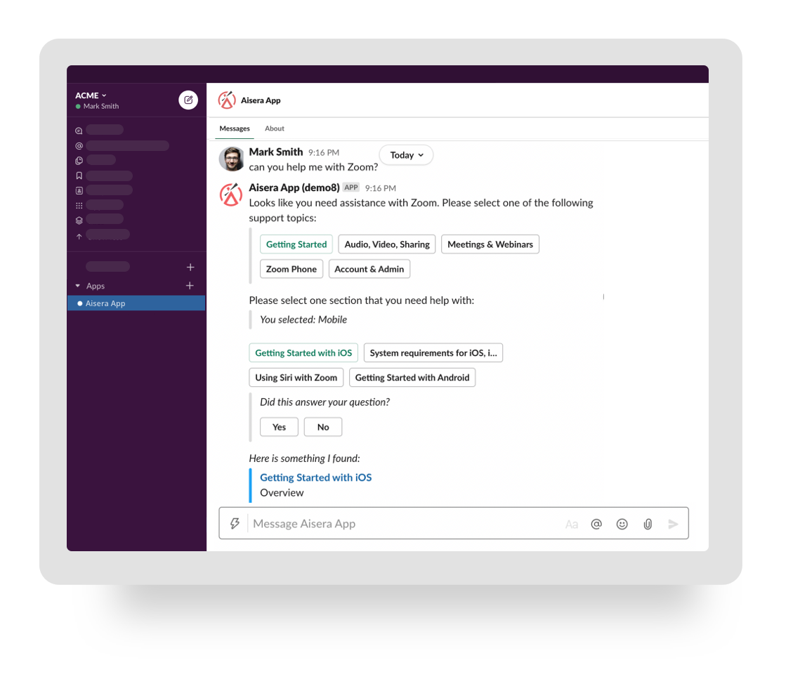 slack guided flow support aisera
